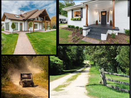 Collage showing two homes, a utility vehicle on a wooded trail, and a long gravel driveway with fencing.