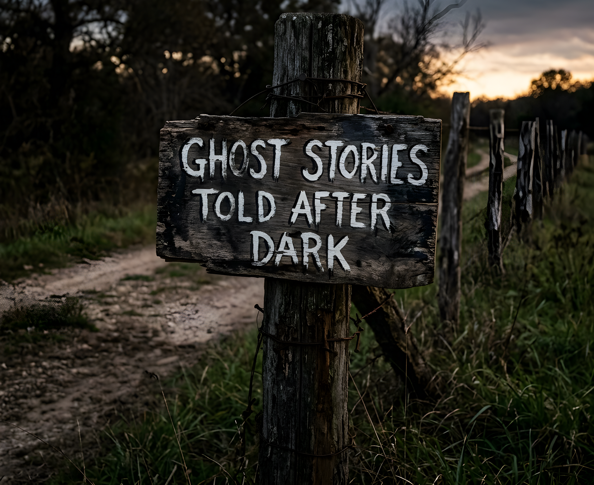 Old wooden sign beside a dirt road at dusk reading “Ghost Stories Told After Dark.”