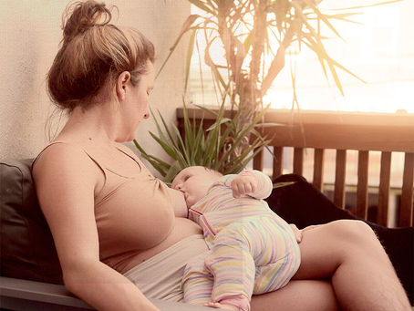 Mother breastfeeding a baby on a couch in warm sunlight, with houseplants and a calm, cozy home setting.
