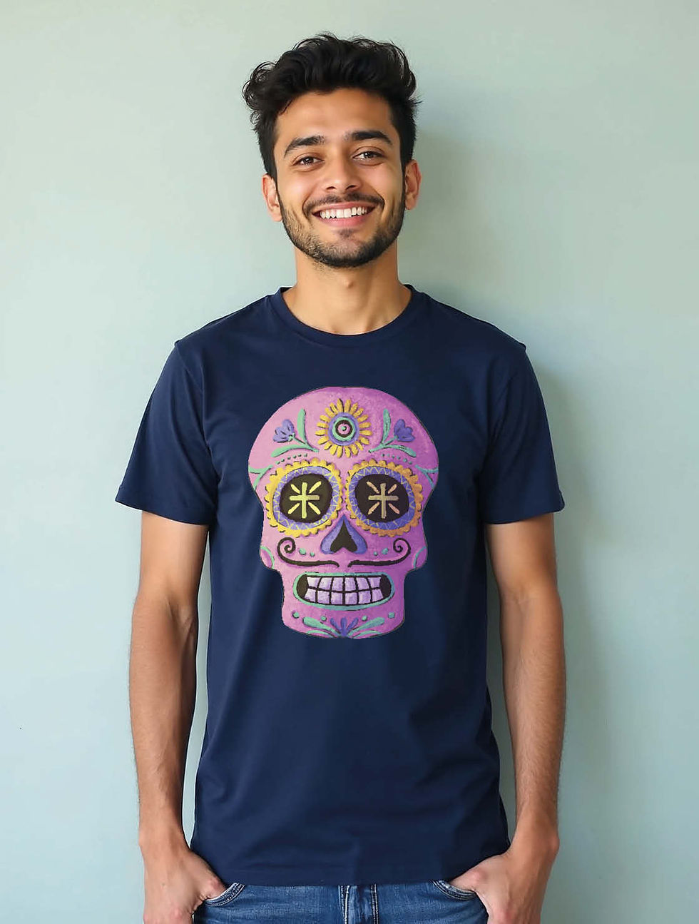 Thumbnail: Colorful Sugar Skull Face Art Unisex Printed Graphic Tees For Women, Men & Kids