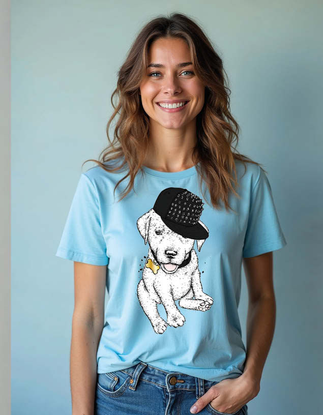 Cool Puppy in Studded Hat Unisex Printed Graphic T-Shirt For Mens Womens & Kids