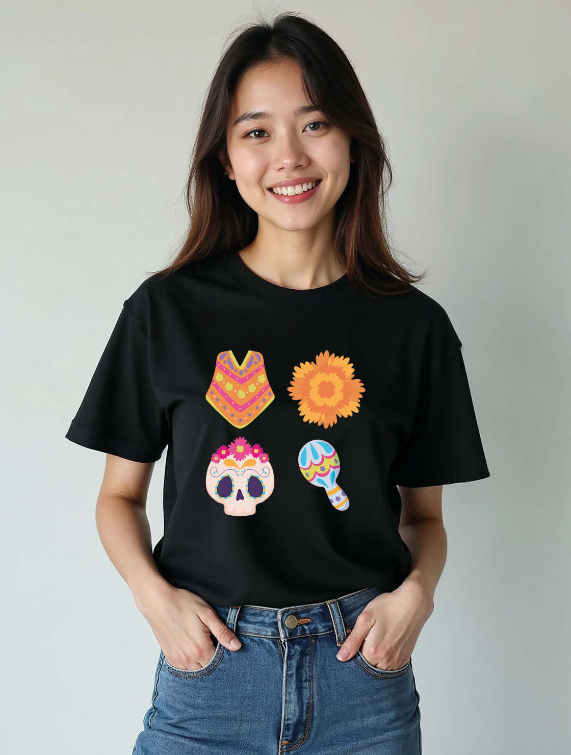 Colorful Sugar Skull & Folk Floral Unisex Printed Graphic T-Shirt