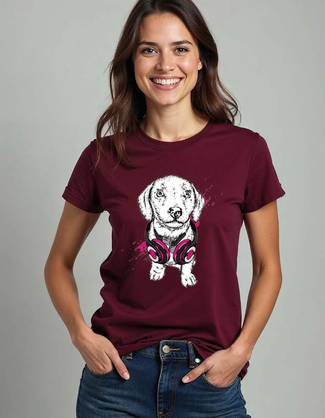 DJ Puppy Dog with Headphones Unisex Printed Graphic Tees For Mens Womens & Kids