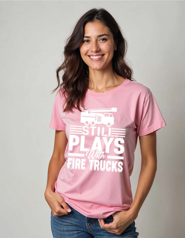 Thumbnail: Still plays with fire trucks Unisex Printed Graphic T-shirt