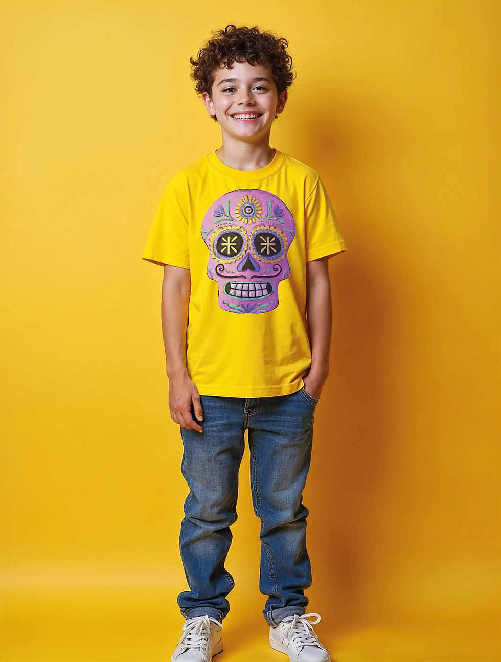 Thumbnail: Colorful Sugar Skull Face Art Unisex Printed Graphic Tees For Women, Men & Kids
