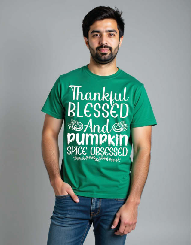 Thumbnail: Thankful blessed and pumpkin spice obsessed Unisex Printed Graphic T-shirt