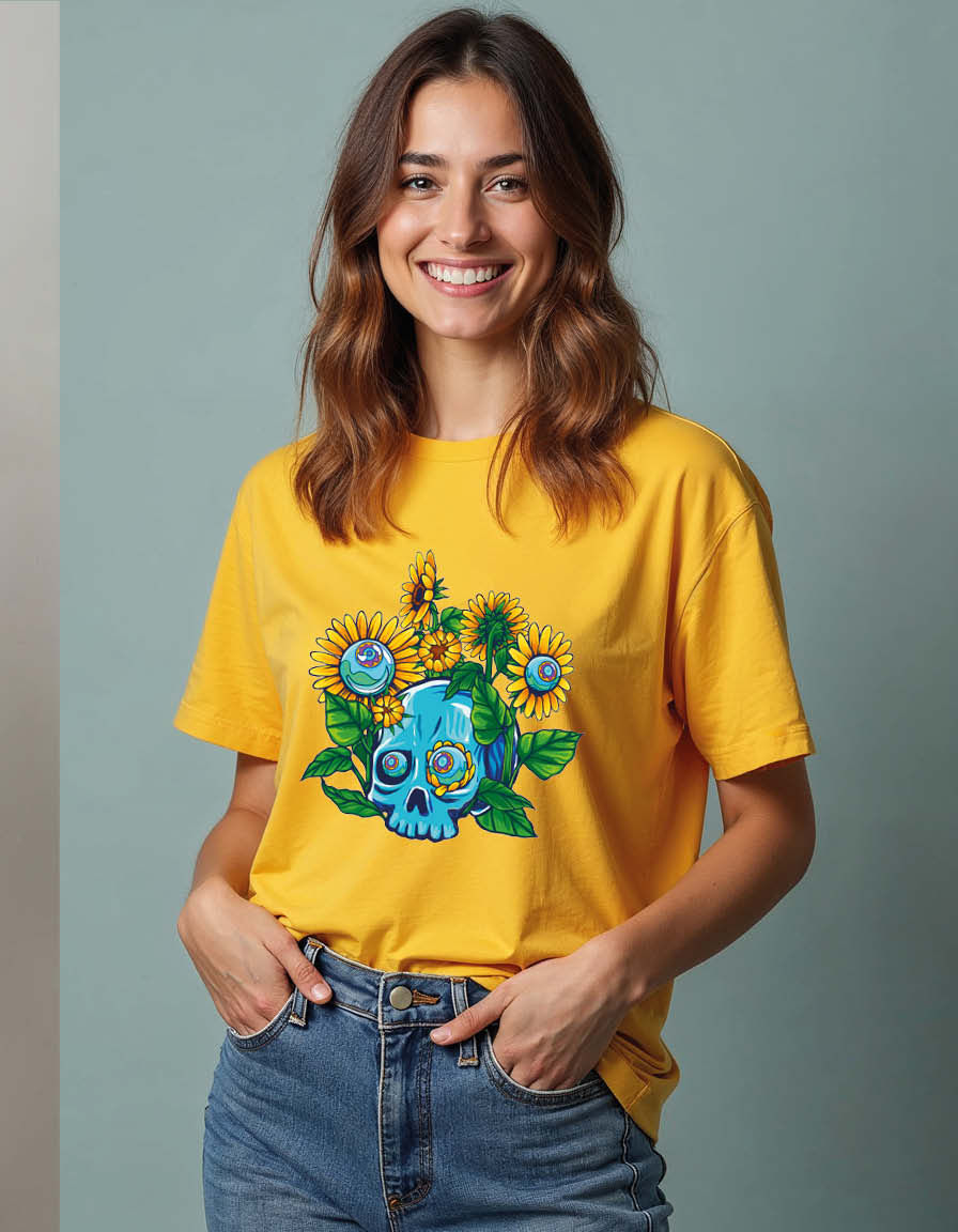 Sunflower Skull Casual Unisex Printed Graphic T-Shirt for Mens,Womens & Kids