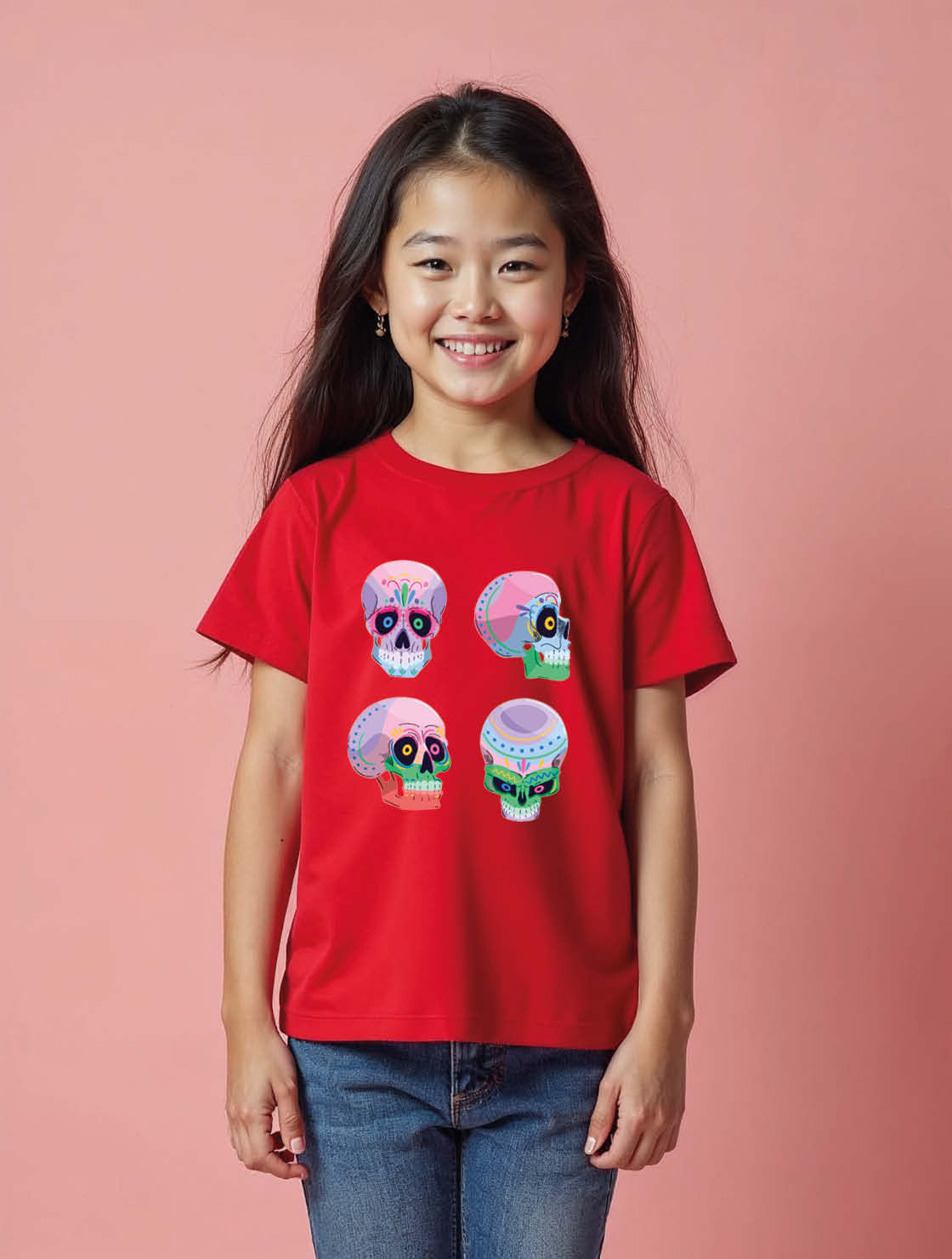 Colorful Cartoon Skull Illustration Unisex Printed Graphic T-Shirt