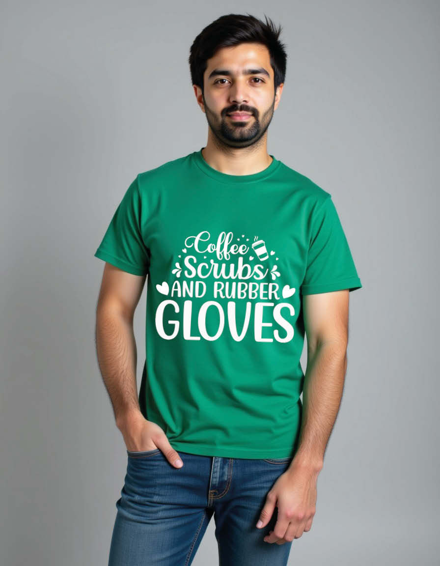 Thumbnail: Coffee scrubs and rubber gloves Unisex printed Graphic T-shirt