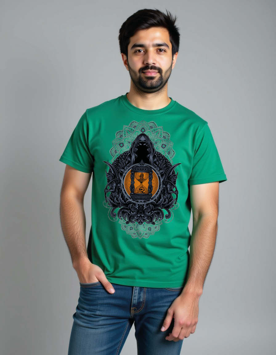 Hooded Figure Hourglass Mandala Classic Unisex Printed Graphic T-Shirt