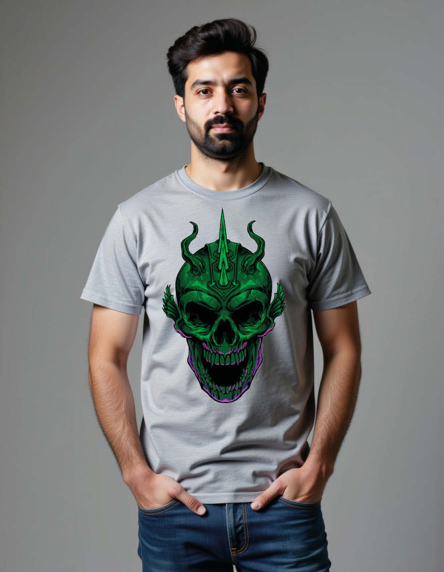 Thumbnail: Green Horned Skull Unisex Printed Graphic T-Shirt for Mens,Womens & Kids