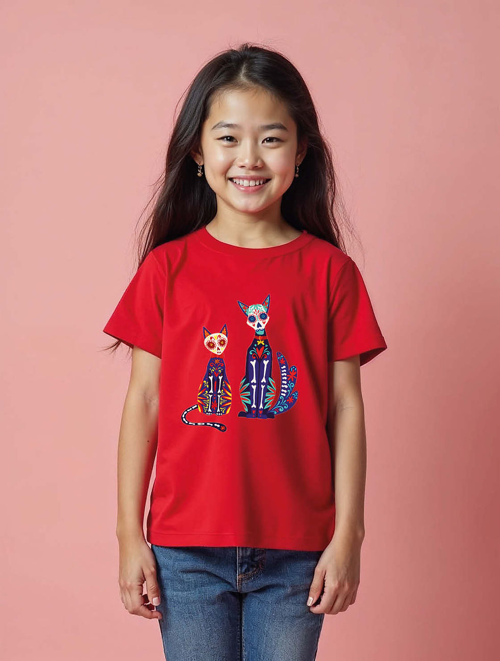 Thumbnail: Cute Colorful Sugar Skull Cat Duo Unisex Printed Graphic T-Shirt