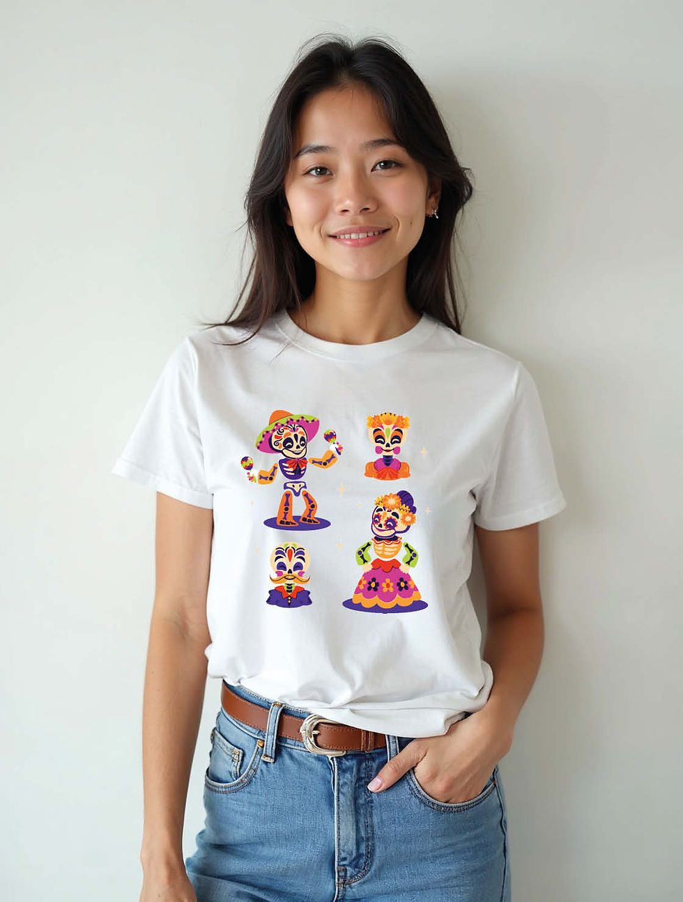 Colorful Day of the Dead Calavera Group Unisex Printed Graphic T-Shirt