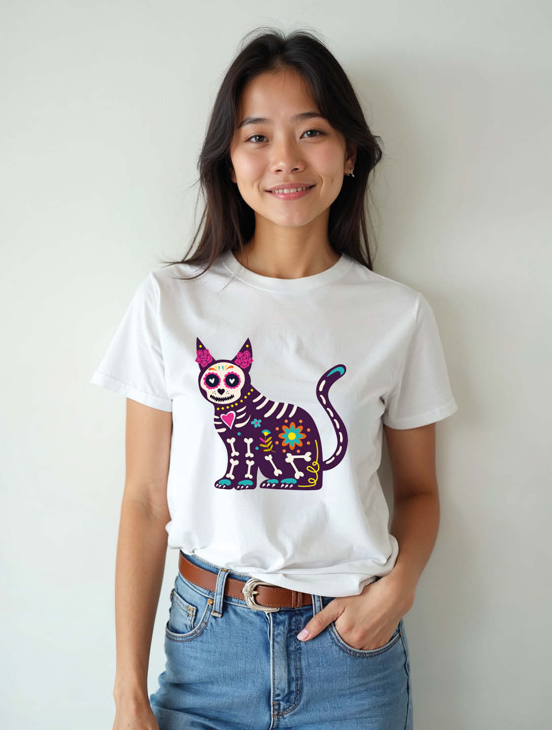 Cute Colorful Sugar Skull Cat Illustration Unisex Printed Graphic T-Shirt