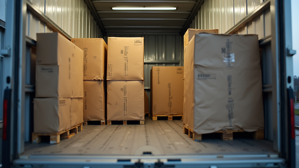 Close-up view of refrigerated food pallets loaded inside a transport truck
