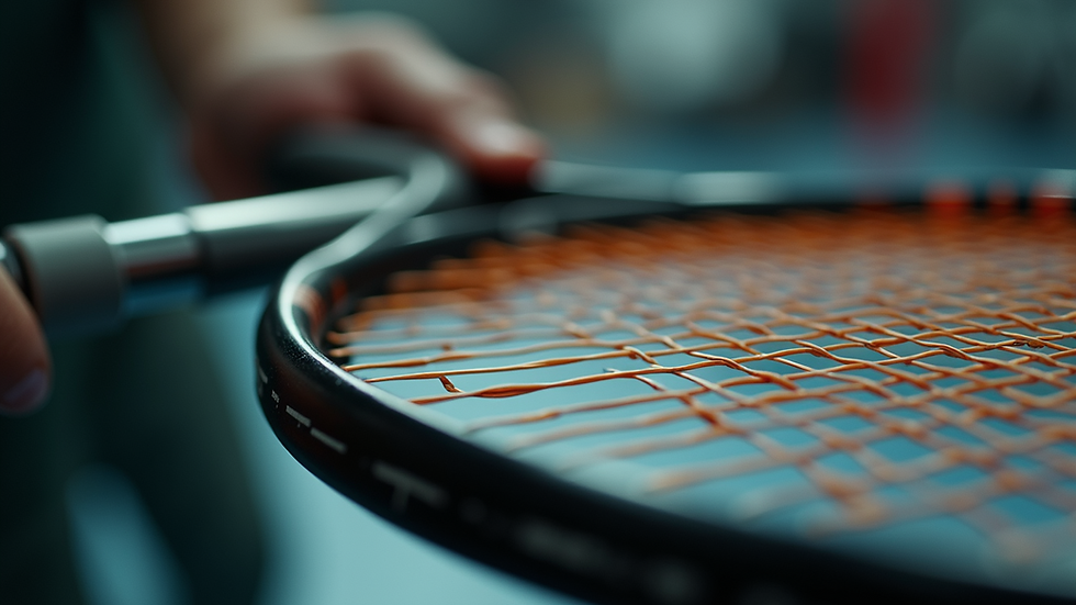 Close-up view of tennis racquet strings being tightened on a stringing machine