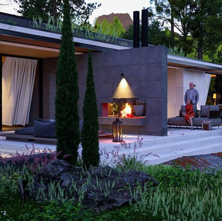 Entrance view of mediterranean modern house plan with 3 bedrooms and pool