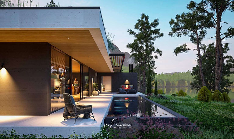 Side view of a modern mediterranean single-story house plan with pool, highlighting the linear architecture and outdoor swimming pool with terrace