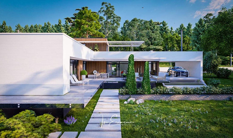 Vedere din curte a casei cu etaj, zona SPA si terase, prezentand parcarea acoperita si forma L