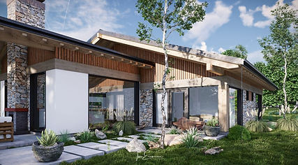 Rustic Chalet House - proiect casa fara etaj cu 3 dormitoare si 3 bai, cu terase exterioare si arhitectura moderna cu accente rustice