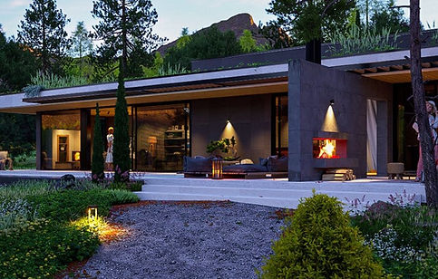 Modern mediterrnean-style house plan with 3 bedrooms and pool, showcasing the spacious terrace and panoramic glazing