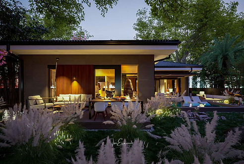 Modern L-shaped single story house terrace with architectural lighting at night