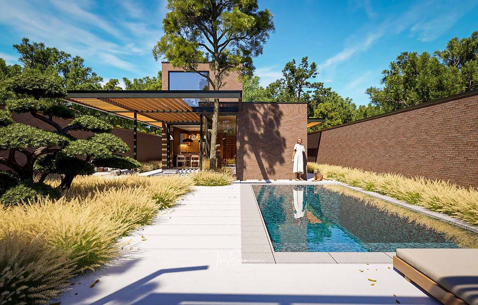 2 story narrow lot house plan with modern brick exterior and compact layout