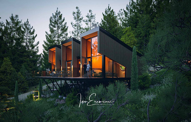 Modern cabin plan with compact footprint designed for a sloped lot, featuring panoramic glazing, vaulted ceilings and expansive mountain views