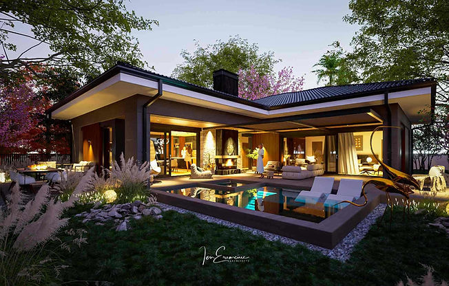 3 bedroom 2 bathroom house plan - modern L-shaped single story home with terrace and pool