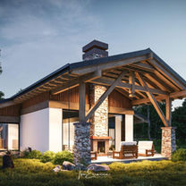 Night architectural render, showcasing the covered terrace with gable roof of a modern rustic home design