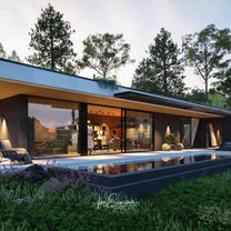 Evening rendering of a modern mediterranean single story house wit 3 bedrooms 4 bathrooms an swimming pool