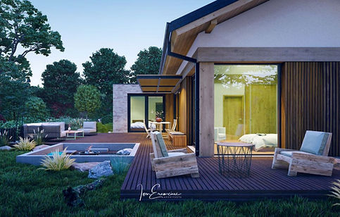 Covered terrace of a compact 4-bedroom one-story house with an modern urban architectural style and 120 square meters