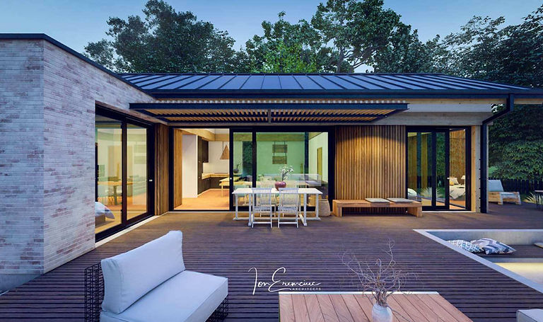 Covered terrace and outdoor living area of a modern 4-bedroom one-story house plan, showcasing urban architecture and the couryard with fireplace