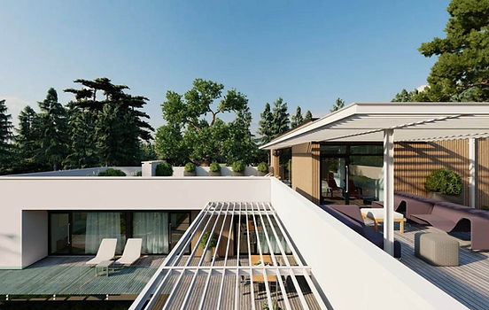 Aerial view of a 4 bedrooms l-shapd house plan showcasing the rooftop terraces and lounge areas, spa zone