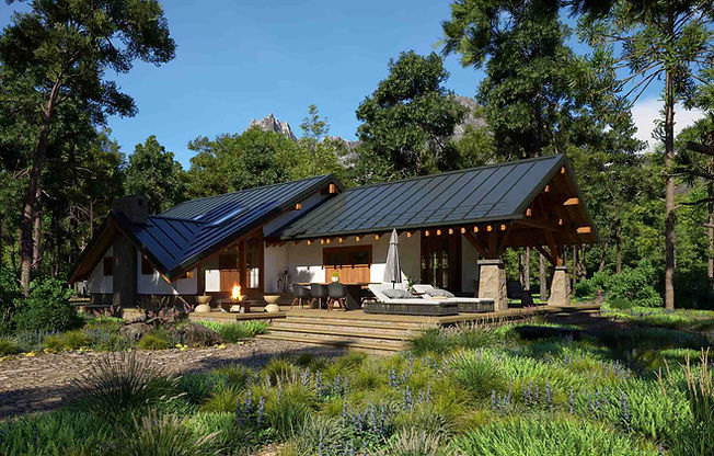 Main view of a modern 3-bedroom chalet house plan with a covered terrace, exposed timber details and a mountain or lakeside design