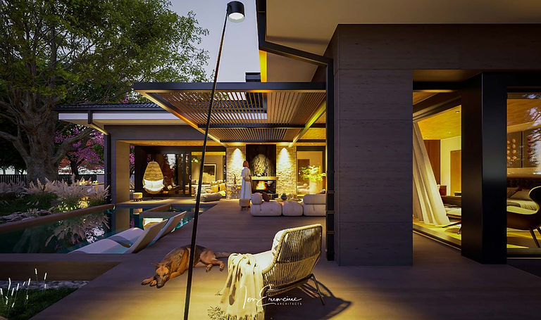 3 bedroom l-shaped house plan with a covered outdoor living area, private pool and lounge zone, night view