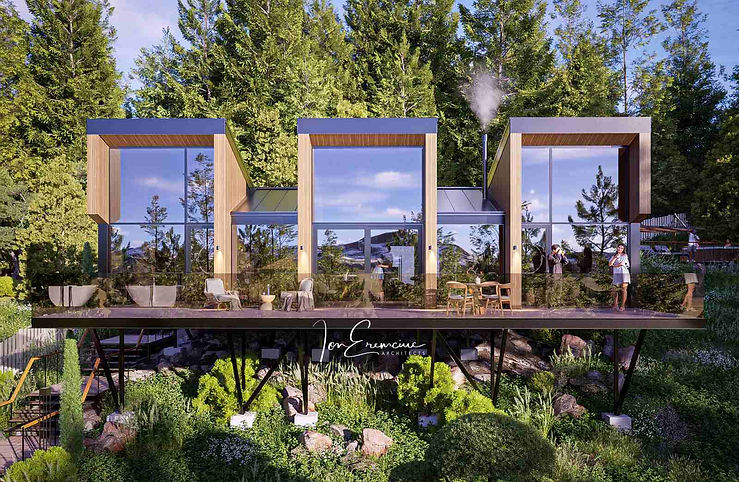 Modern cabin plan on sloped lot, front view facade