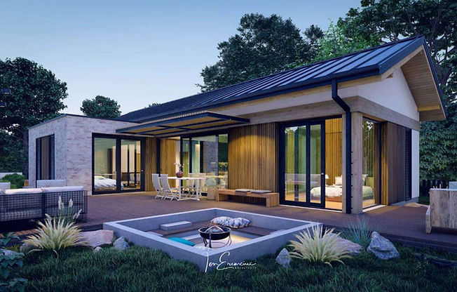 General exterior view of a 4-bedroom one-story house plan featuring contemporary architecture, covered outdoor dining and a courtyard fireplace