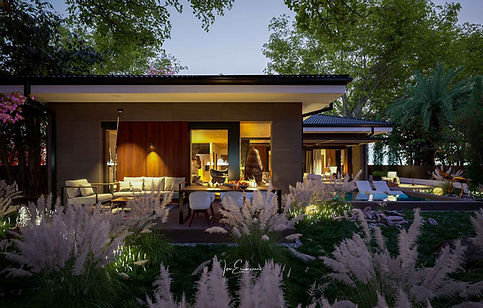 Modern l-shaped single story house plan with outdoor dining and pool, evening render