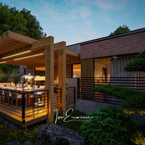 Covered rear terrace, highlighting evening mood of outdoor dining zone, of a modern 3-bedroom home with garage