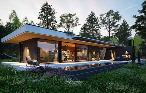 Proiect casa mediteraneeana moderna, randare fatada principala cu piscina longitudinala