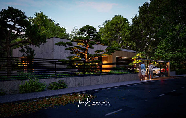 Modern 3-bedroom single-story house plan with an attaced 2-car garage and contemporary front elevation
