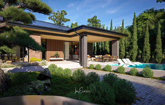 Yard view of the 3 bedroom 4 baths single story house, featuring the main facade colour palette, designed for premium living with swimming pool and private garden