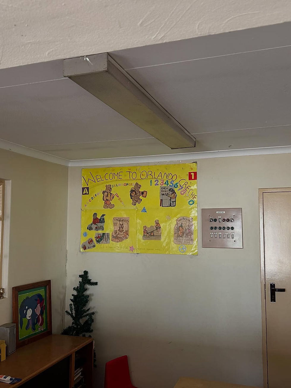 Yellow poster with drawings on a classroom wall.