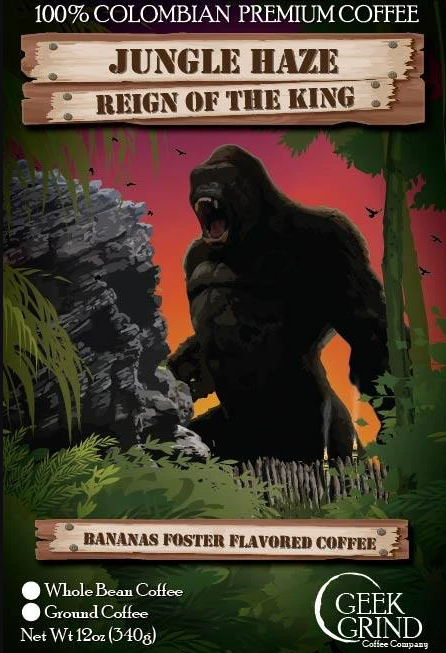 Bag art for Geek Grind Coffee's Jungle Haze flavor, showing King Kong in the jungle, roaring.