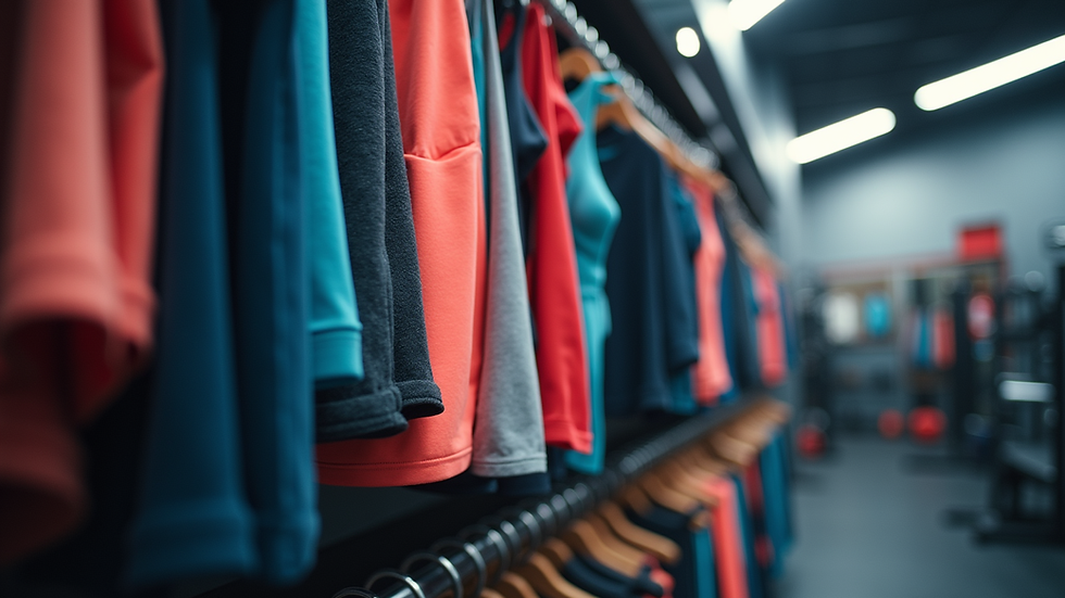 Eye-level view of a gym rack filled with colorful activewear