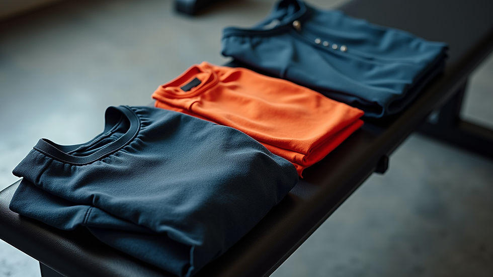 High angle view of gym apparel laid out neatly on a bench