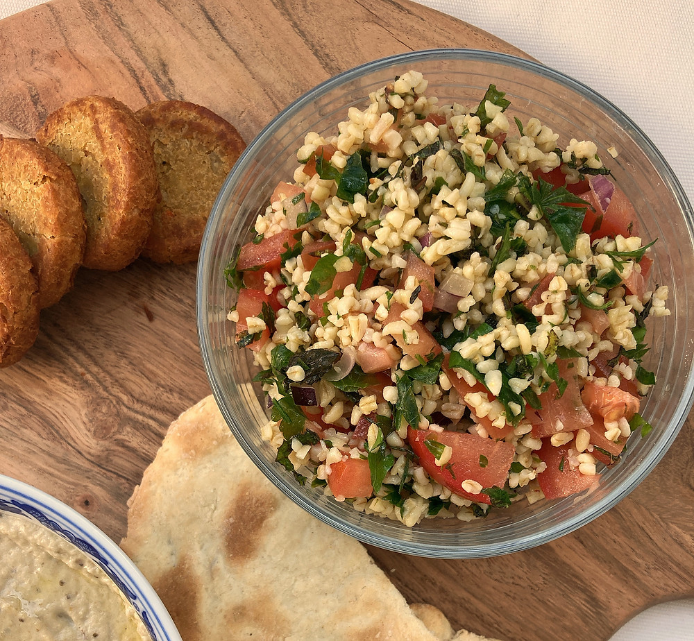 tabbouleh in bowl on platter