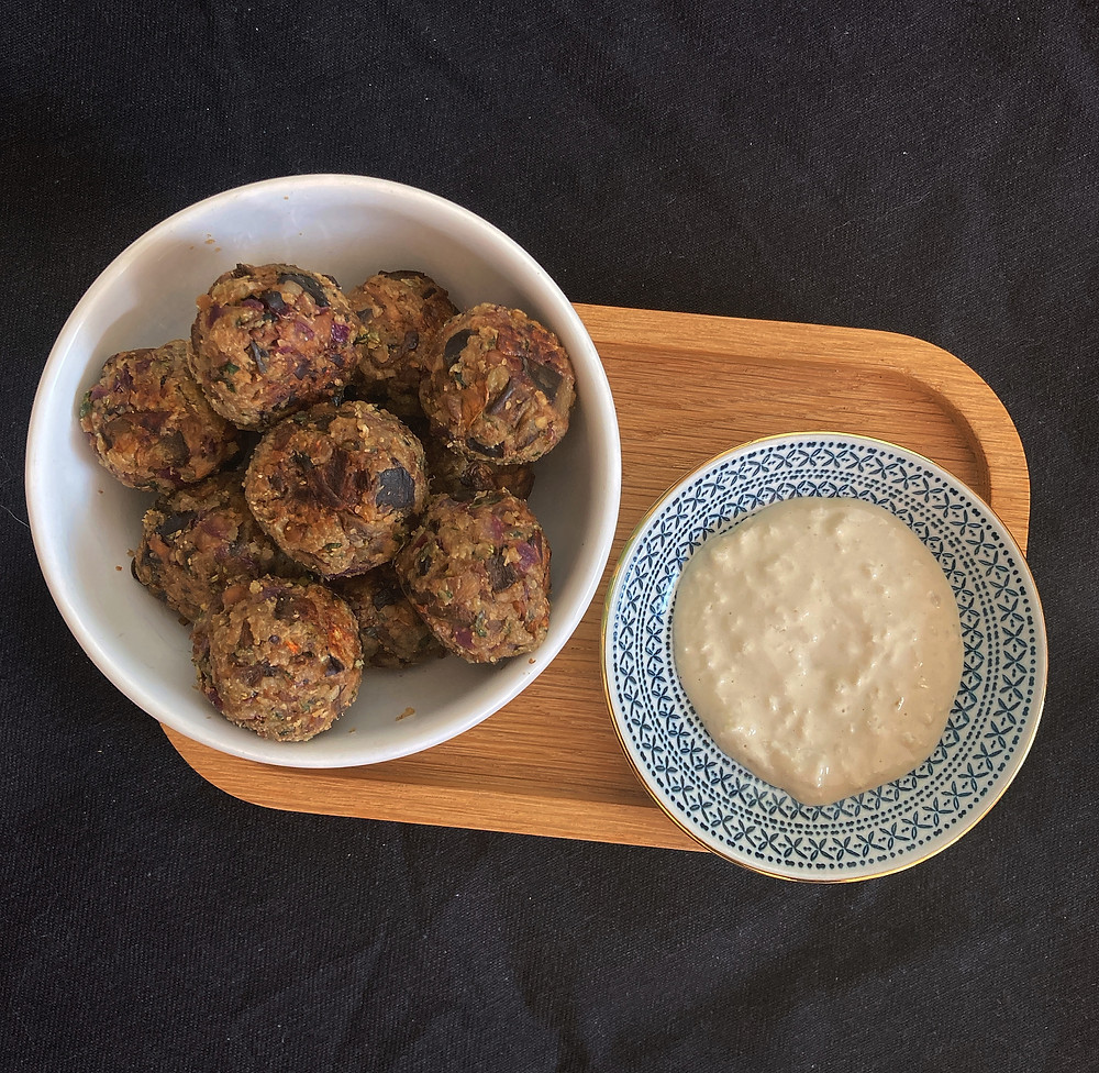 veggie balls in bowl with dip