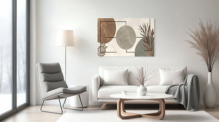 Wide rectangular artwork above a sofa adding direction and visual movement to the space.